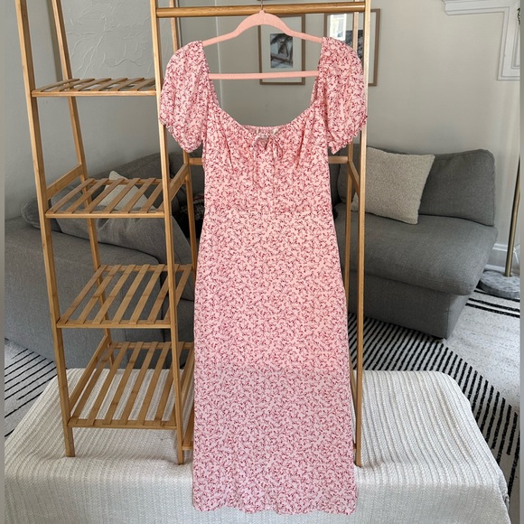 Row A NWT Floral Sweetheart Keyhole Neck Midi Side Slit Dress Pink Small - Picture 1 of 8